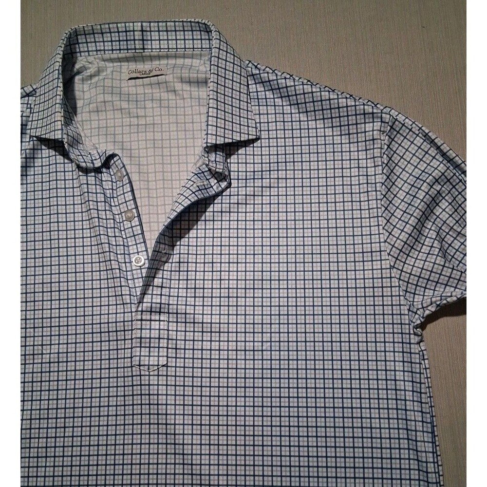 Collars & Co Polo Shirt Adult Men's Large Blue Gingham Check Short Sleeve